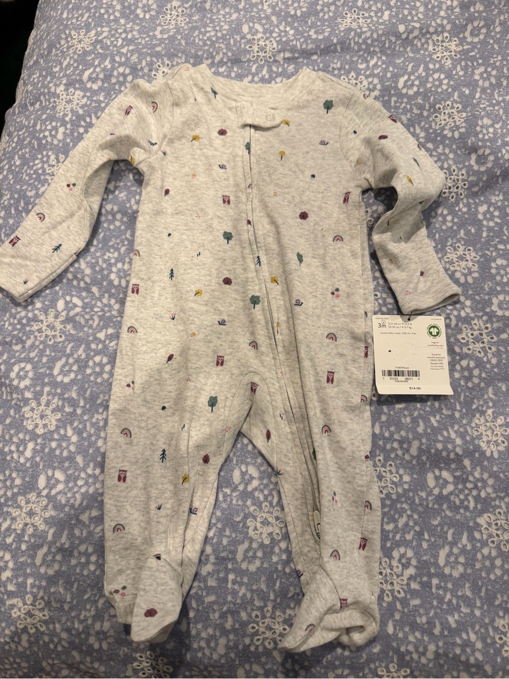 Girls' Light Gray Footed One-Piece Pajama with Tiny Prints